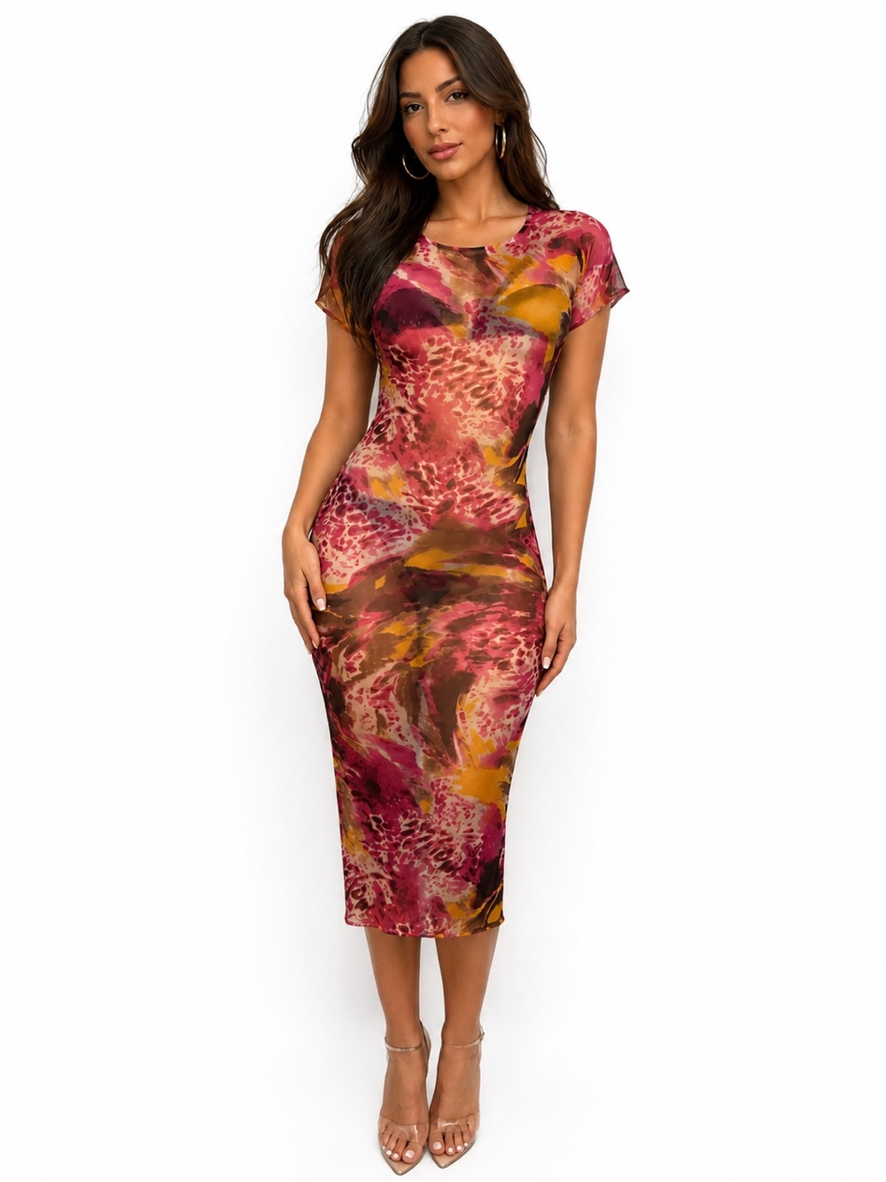Midi Dress in Burgundy and Mustard Abstract Print